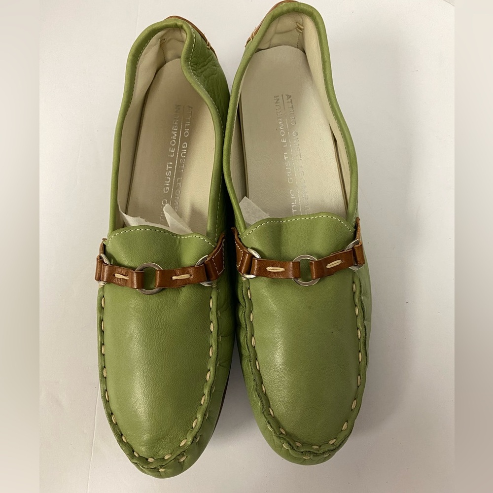 Attilio Giusti Leompruni buttery soft green leather loafers 38 1/2